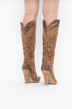 Load image into Gallery viewer, Vintage x Made in italy x Tan Suede Cutout Butterfly Studded Cowboy Boots (9, 9.5W)