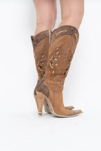 Load image into Gallery viewer, Vintage x Made in italy x Tan Suede Cutout Butterfly Studded Cowboy Boots (9, 9.5W)