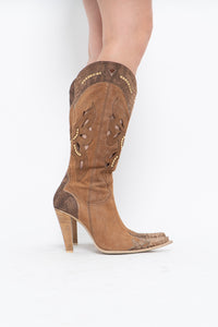 Vintage x Made in italy x Tan Suede Cutout Butterfly Studded Cowboy Boots (9, 9.5W)