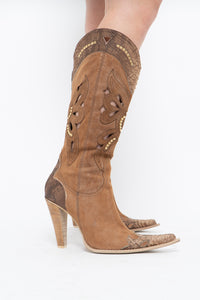 Vintage x Made in italy x Tan Suede Cutout Butterfly Studded Cowboy Boots (9, 9.5W)