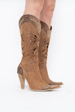 Load image into Gallery viewer, Vintage x Made in italy x Tan Suede Cutout Butterfly Studded Cowboy Boots (9, 9.5W)