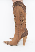 Load image into Gallery viewer, Vintage x Made in italy x Tan Suede Cutout Butterfly Studded Cowboy Boots (9, 9.5W)