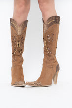 Load image into Gallery viewer, Vintage x Made in italy x Tan Suede Cutout Butterfly Studded Cowboy Boots (9, 9.5W)