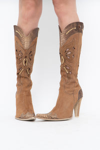 Vintage x Made in italy x Tan Suede Cutout Butterfly Studded Cowboy Boots (9, 9.5W)