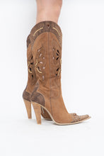 Load image into Gallery viewer, Vintage x Made in italy x Tan Suede Cutout Butterfly Studded Cowboy Boots (9, 9.5W)