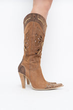 Load image into Gallery viewer, Vintage x Made in italy x Tan Suede Cutout Butterfly Studded Cowboy Boots (9, 9.5W)