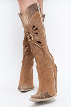 Load image into Gallery viewer, Vintage x Made in italy x Tan Suede Cutout Butterfly Studded Cowboy Boots (9, 9.5W)