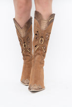 Load image into Gallery viewer, Vintage x Made in italy x Tan Suede Cutout Butterfly Studded Cowboy Boots (9, 9.5W)