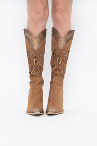 Vintage x Made in italy x Tan Suede Cutout Butterfly Studded Cowboy Boots (9, 9.5W)