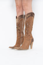 Load image into Gallery viewer, Vintage x Made in italy x Tan Suede Cutout Butterfly Studded Cowboy Boots (9, 9.5W)