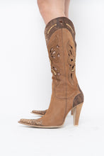 Load image into Gallery viewer, Vintage x Made in italy x Tan Suede Cutout Butterfly Studded Cowboy Boots (9, 9.5W)