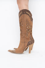 Load image into Gallery viewer, Vintage x Made in italy x Tan Suede Cutout Butterfly Studded Cowboy Boots (9, 9.5W)