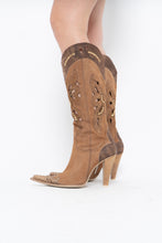 Load image into Gallery viewer, Vintage x Made in italy x Tan Suede Cutout Butterfly Studded Cowboy Boots (9, 9.5W)