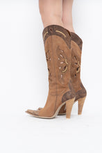 Load image into Gallery viewer, Vintage x Made in italy x Tan Suede Cutout Butterfly Studded Cowboy Boots (9, 9.5W)