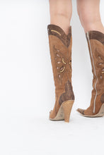 Load image into Gallery viewer, Vintage x Made in italy x Tan Suede Cutout Butterfly Studded Cowboy Boots (9, 9.5W)