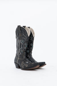 Vintage x ROPER Black Floral, Skull Embroidered Leather Cowboy Boots (6-7)