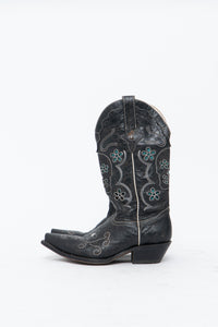 Vintage x ROPER Black Floral, Skull Embroidered Leather Cowboy Boots (6-7)