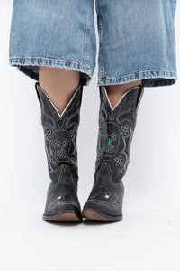 Vintage x ROPER Black Floral, Skull Embroidered Leather Cowboy Boots (6-7)