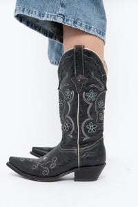 Vintage x ROPER Black Floral, Skull Embroidered Leather Cowboy Boots (6-7)