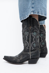 Vintage x ROPER Black Floral, Skull Embroidered Leather Cowboy Boots (6-7)
