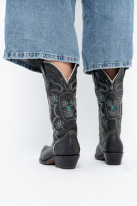 Vintage x ROPER Black Floral, Skull Embroidered Leather Cowboy Boots (6-7)