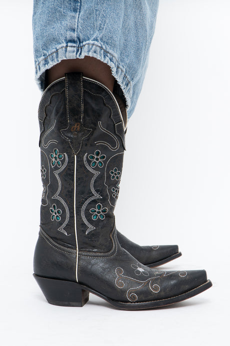 Vintage x ROPER Black Floral, Skull Embroidered Leather Cowboy Boots (6-7)