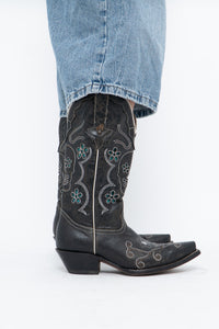 Vintage x ROPER Black Floral, Skull Embroidered Leather Cowboy Boots (6-7)