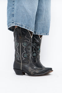 Vintage x ROPER Black Floral, Skull Embroidered Leather Cowboy Boots (6-7)