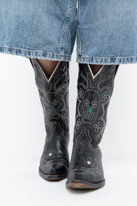Vintage x ROPER Black Floral, Skull Embroidered Leather Cowboy Boots (6-7)