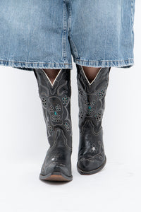 Vintage x ROPER Black Floral, Skull Embroidered Leather Cowboy Boots (6-7)