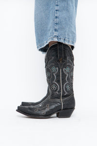 Vintage x ROPER Black Floral, Skull Embroidered Leather Cowboy Boots (6-7)