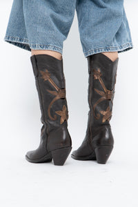 Vintage x Made in Brazil x Brown, Bronze Cutout Leather Cowboy Boots (6.5, 7W)