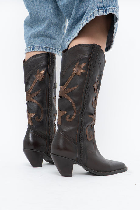 Vintage x Made in Brazil x Brown, Bronze Cutout Leather Cowboy Boots (6.5, 7W)