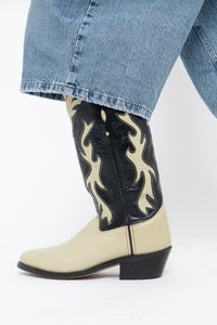 Vintage x Made in India x Cream, Black Flame Embroidered Cowboy Boots (9.5-10W)