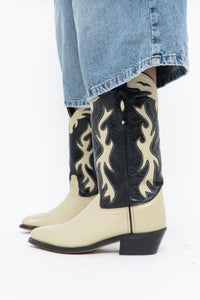 Vintage x Made in India x Cream, Black Flame Embroidered Cowboy Boots (9.5-10W)