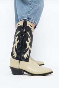 Vintage x Made in India x Cream, Black Flame Embroidered Cowboy Boots (9.5-10W)