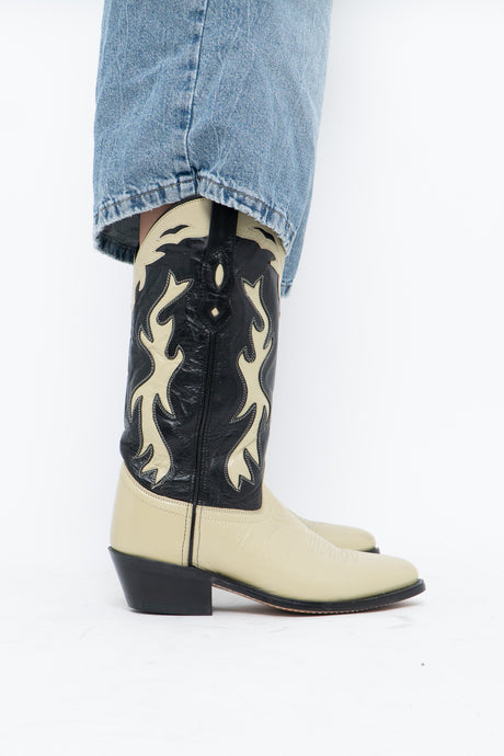Vintage x Made in India x Cream, Black Flame Embroidered Cowboy Boots (9.5-10W)