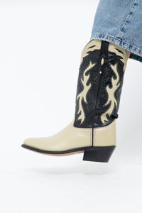 Vintage x Made in India x Cream, Black Flame Embroidered Cowboy Boots (9.5-10W)