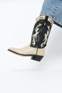 Vintage x Made in India x Cream, Black Flame Embroidered Cowboy Boots (9.5-10W)