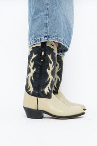 Vintage x Made in India x Cream, Black Flame Embroidered Cowboy Boots (9.5-10W)