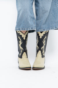Vintage x Made in India x Cream, Black Flame Embroidered Cowboy Boots (9.5-10W)