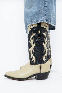 Vintage x Made in India x Cream, Black Flame Embroidered Cowboy Boots (9.5-10W)