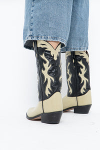 Vintage x Made in India x Cream, Black Flame Embroidered Cowboy Boots (9.5-10W)