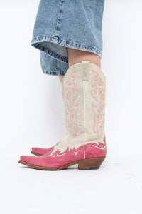 Vintage x Made in Mexico x Cream, Pink Embroidered Leather Cowboy Boots (9-10W)