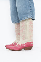 Load image into Gallery viewer, Vintage x Made in Mexico x Cream, Pink Embroidered Leather Cowboy Boots (9-10W)