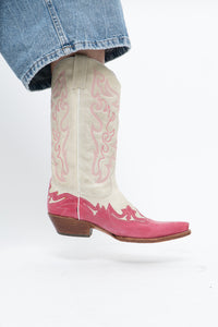 Vintage x Made in Mexico x Cream, Pink Embroidered Leather Cowboy Boots (9-10W)