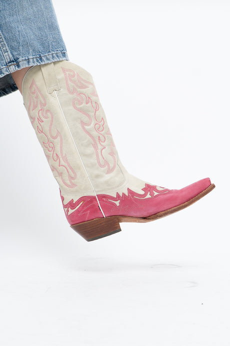 Vintage x Made in Mexico x Cream, Pink Embroidered Leather Cowboy Boots (9-10W)