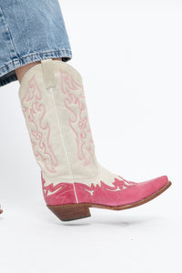 Vintage x Made in Mexico x Cream, Pink Embroidered Leather Cowboy Boots (9-10W)