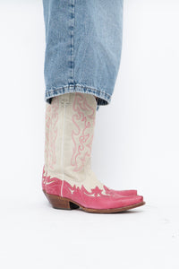 Vintage x Made in Mexico x Cream, Pink Embroidered Leather Cowboy Boots (9-10W)