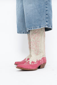Vintage x Made in Mexico x Cream, Pink Embroidered Leather Cowboy Boots (9-10W)